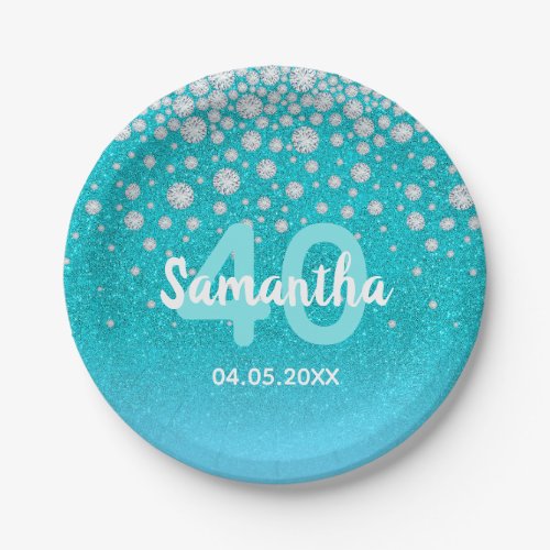 40th birthday teal blue green glitter name paper plates
