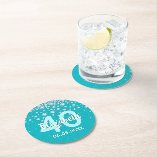 40th birthday teal green glitter name diamonds round paper coaster