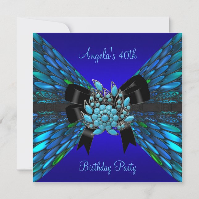 40th Birthday Teal Royal Blue Black Bow Jewel Invitation (Front)
