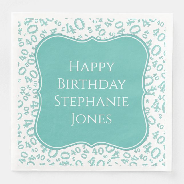 40th Birthday Teal/White Bracket Number Pattern Paper Dinner Napkins (Front)
