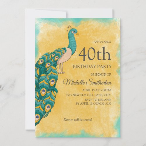 40th Birthday Teal Yellow Watercolor Peacock Invitation