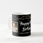 40th Birthday Then and Now Photos Lights Black Coffee Mug<br><div class="desc">Celebrate a 40th birthday with this editable black mug featuring THEN and NOW photos of the birthday man or woman with a border of gold and white string lights. EDITABLE COLOR: The black background color and text fonts and color can be changed to coordinate with your party color scheme by...</div>