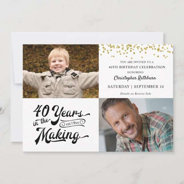 40th Birthday Then & Now Photos Gold Confetti Invitation (Front)