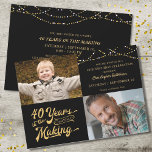 40th Birthday Then & Now Photos String Lights Invitation<br><div class="desc">Invite your guests with this 40th birthday party invitation in black and gold with string lights featuring a retro typography design stating 40 YEARS IN THE MAKING which integrates their birth year within the design. Include THEN and NOW photos for a fun invitation. Party invitation details are on the back...</div>