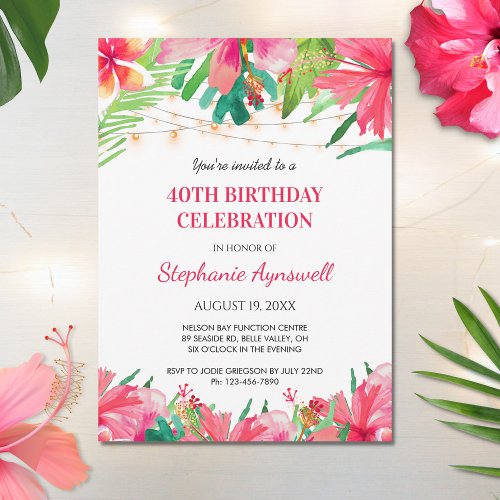 40th Birthday Tropical String Lights Hawaiian Invitation