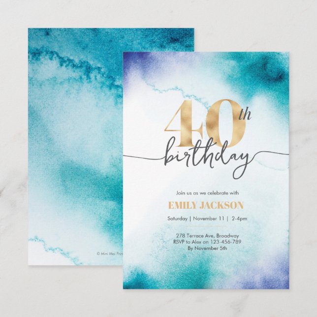 40th birthday Turquoise watercolor gold invitation (Front/Back)