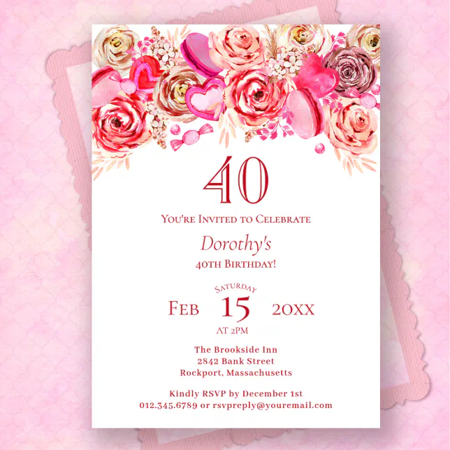 40th Birthday Valentine Pink Rose Swirly Heart Invitation | Zazzle