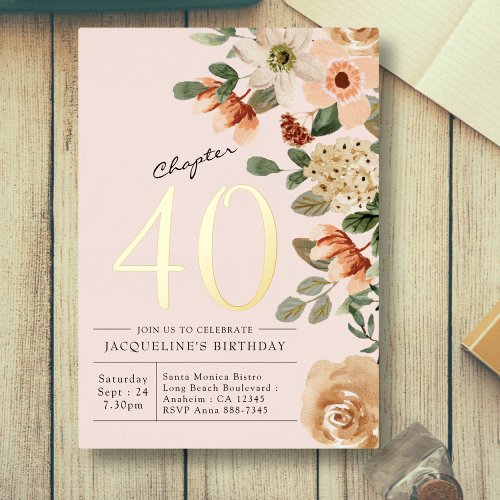 40th Birthday Vintage Floral Peach Chapter 40 Foil Invitation