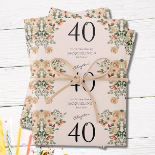 40th Birthday Vintage Floral Wrapping Paper Sheets