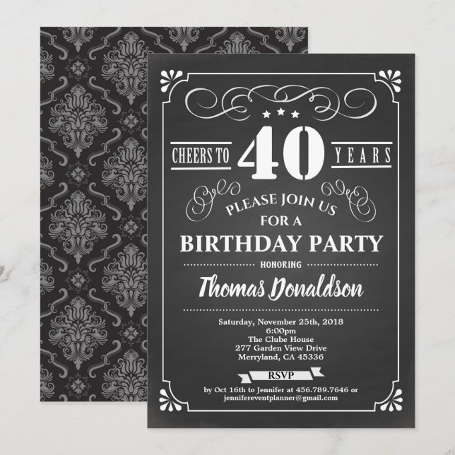40th birthday vintage invite. Chalkboard classic Invitation (Front/Back)
