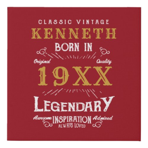 40th Birthday Vintage Red Gold Add Name Year Faux Canvas Print