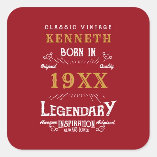 40th Birthday Vintage Red Gold Add Name Year Square Sticker