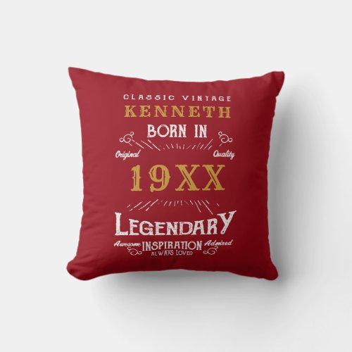 40th Birthday Vintage Red Gold Add Name Year Throw Pillow