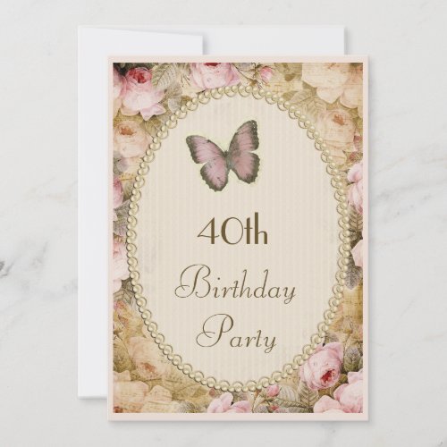40th Birthday Vintage Roses Butterfly Music Notes Invitation