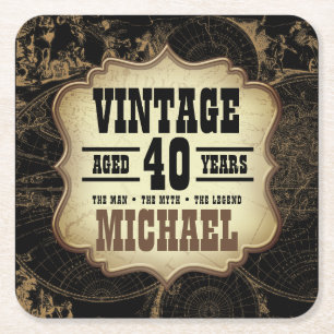 40th Birthday Vintage Theme Black Party Square Paper Coaster