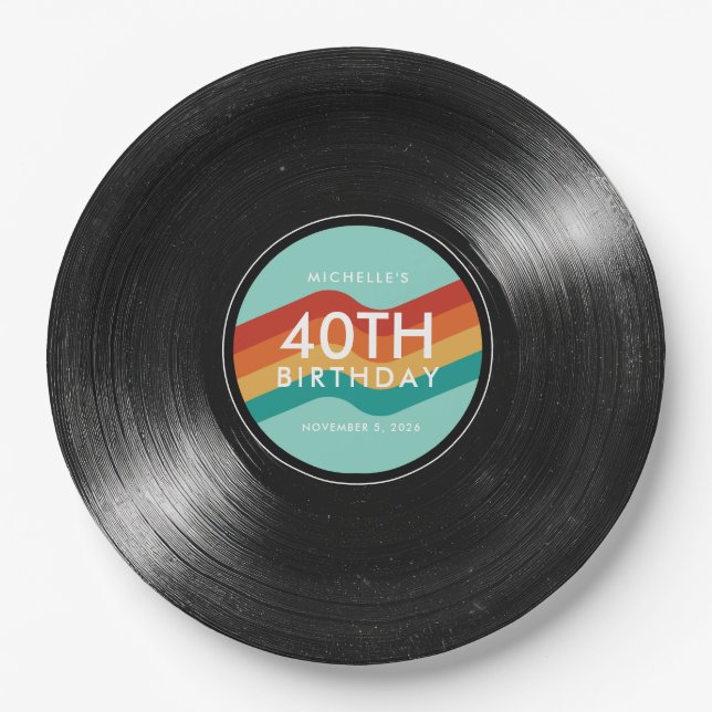 40th Birthday Vinyl Record Retro Paper Plates (Front)