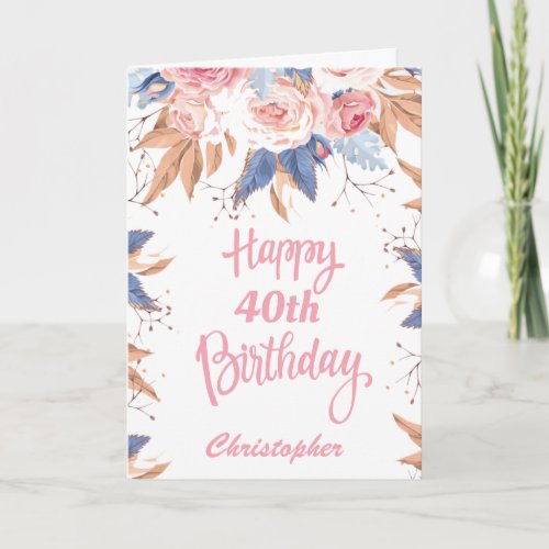 40th Birthday Watercolor Botanical Pink Floral Card
