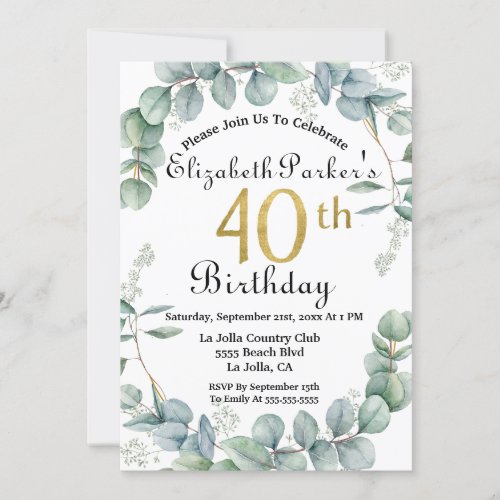 40th Birthday Watercolor Eucalyptus Gold Faux Foil Invitation