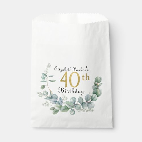 40th Birthday Watercolor Eucalyptus Gold  Favor Bag