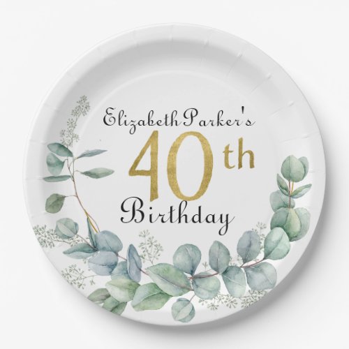 40th Birthday Watercolor Eucalyptus Gold  Paper Plates