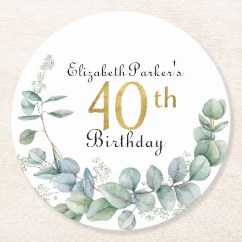 40th Birthday Watercolor Eucalyptus Gold  Round Paper Coaster