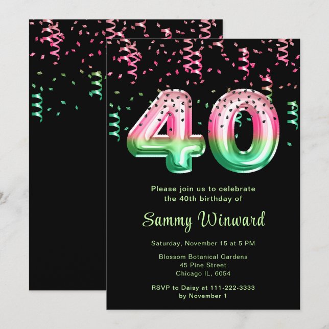 40th Birthday Watermelon Balloons with Confetti Invitation (Front/Back)