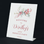 40th Birthday Welcome Winter Red Berry Pedestal Sign<br><div class="desc">Welcome guests to your birthday party with this elegant winter floral welcome sign. A pretty arrangement of deep red berries and soft sage green leaves decorate the sign. All the text can be edited</div>