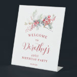 40th Birthday Welcome Winter Red Berry Pedestal Sign<br><div class="desc">Welcome guests to your birthday party with this elegant winter floral welcome sign. A pretty arrangement of deep red berries and soft sage green leaves decorate the sign. All the text can be edited</div>
