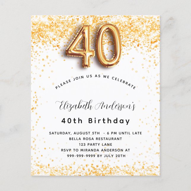 40th birthday white gold budget invitation flyer (Front)