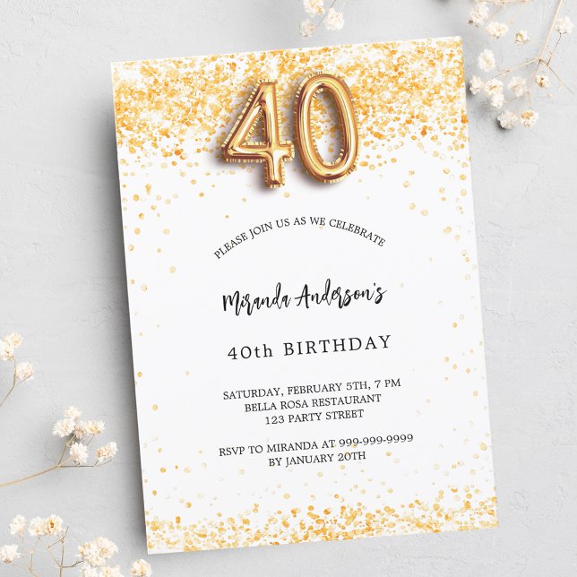 40th birthday white gold confetti elegant luxury invitation (Creator Uploaded)