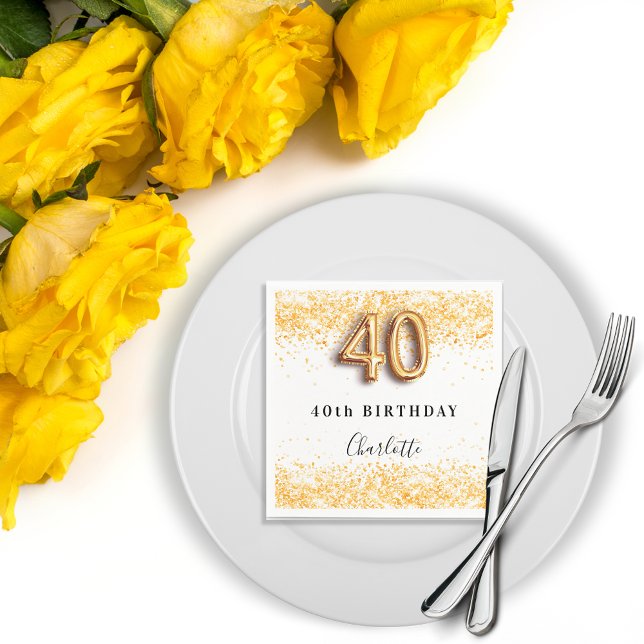 40th birthday white gold confetti name napkins (Creator Uploaded)