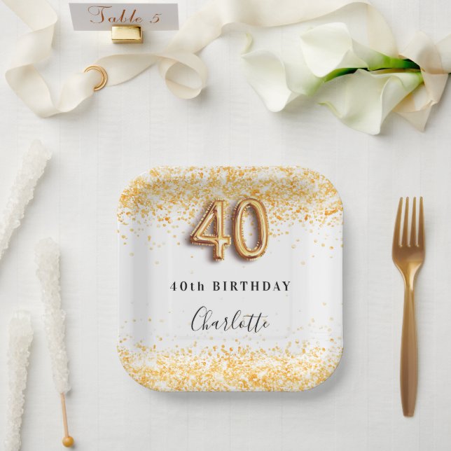 40th birthday white gold glitter name paper plates (Wedding)