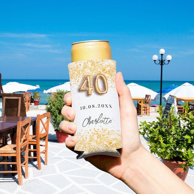 40th birthday white gold glitter name seltzer can cooler (Creator Uploaded)