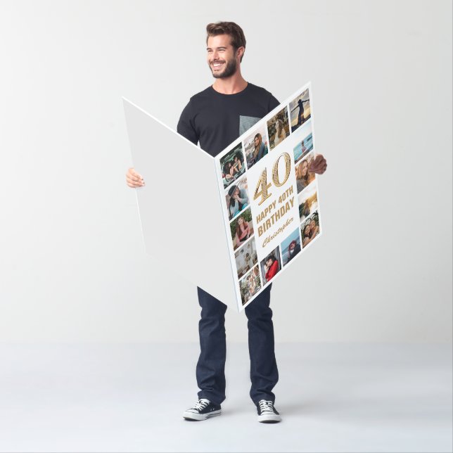 40th Birthday White Gold Photo Collage Extra Large Card (In Situ)