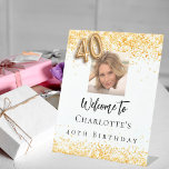 40th birthday white gold photo confetti welcome pedestal sign<br><div class="desc">A welcome sign for a feminine and glamorous 40th birthday party.  A white background decorated with colden confetti.   Personalize and add a photo and name.  Number 40 is written with a balloon style font.</div>