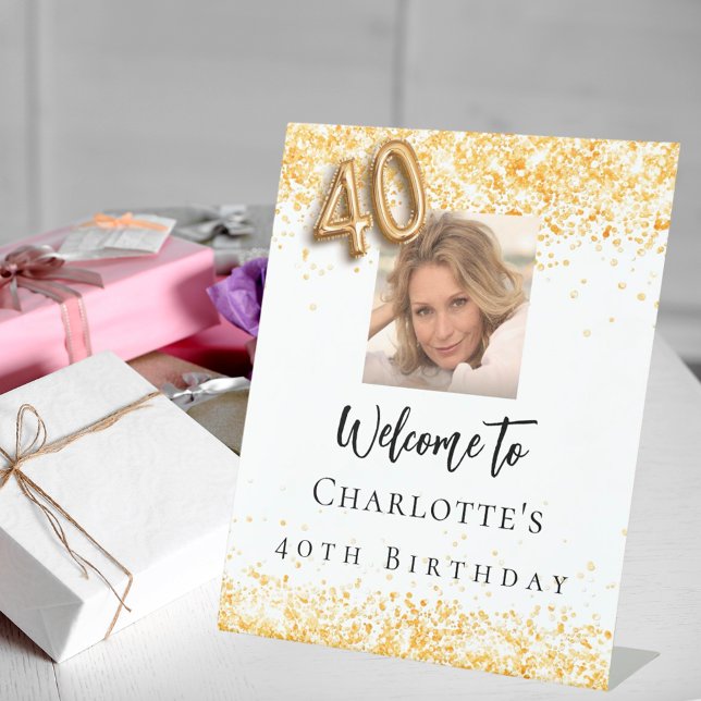 40th birthday white gold photo confetti welcome pedestal sign (Creator Uploaded)