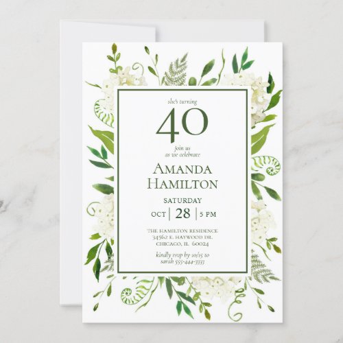 40th Birthday White Hydrangeas Invitation