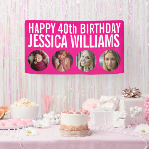 40th Birthday white pink four photo circles Banner