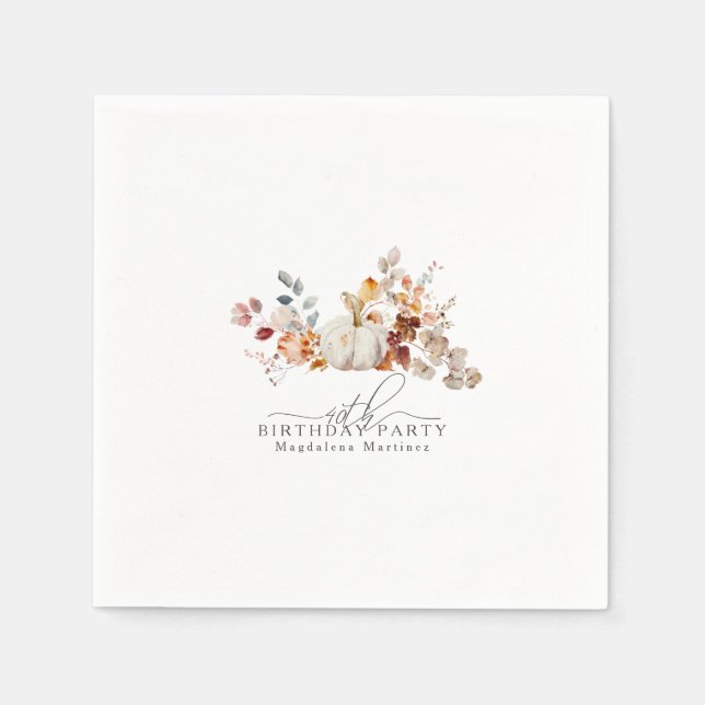 40th Birthday White Pumpkin Fall Flowers Custom Napkins (Front)