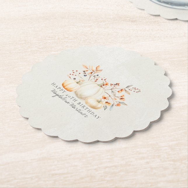 40th Birthday White Pumpkin Fall Leaves Custom Paper Coaster (Angled)