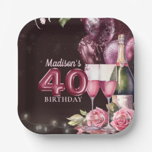 40th Birthday Wine & Balloons Personalized Paper Plates