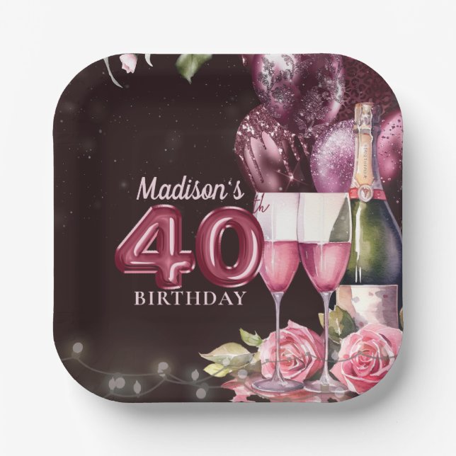 40th Birthday Wine & Balloons Personalized Paper Plates (Front)