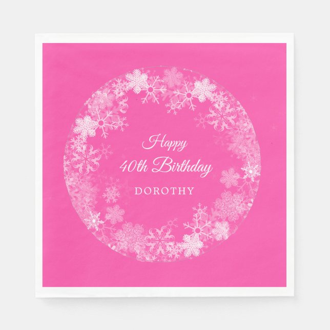 40th Birthday Winter Wonderland Snowflake Pink Napkins (Front)