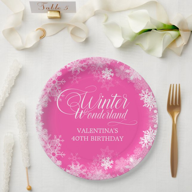 40th Birthday Winter Wonderland Snowflake Pink Paper Plates (Wedding)