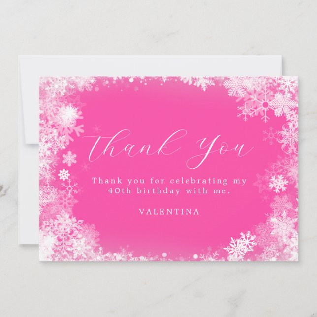 40th Birthday Winter Wonderland Snowflake Pink Thank You Card (Front)