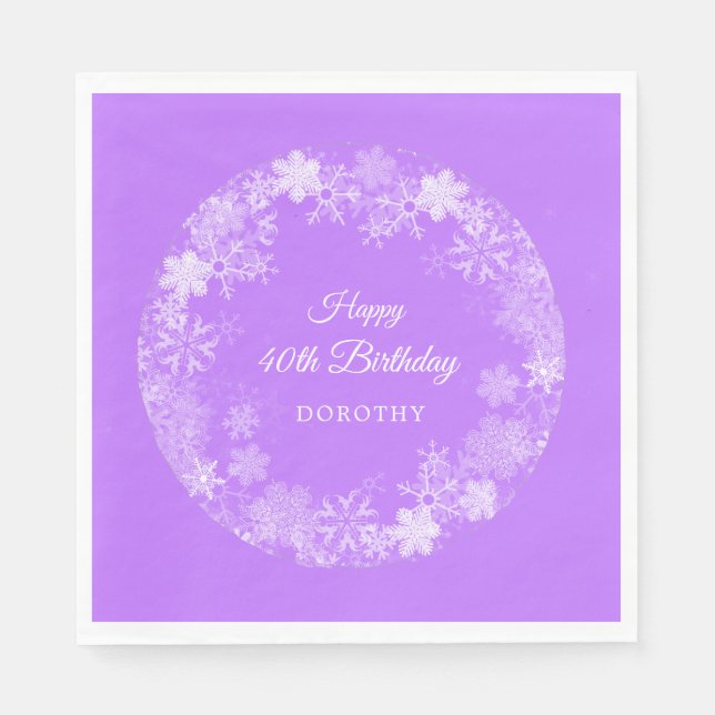 40th Birthday Winter Wonderland Snowflake Purple Napkins (Front)