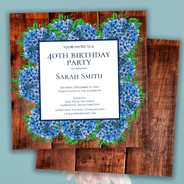 40th Birthday Wood Blue Hydrangeas Rustic Party Invitation (Creator Uploaded)