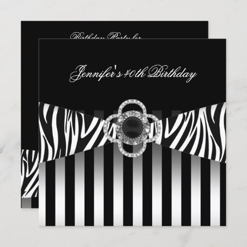 40th Birthday Zebra Black White Stripe Diamond Invitation