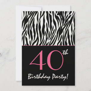 40th Birthday Zebra Stripes Black White with Pink Invitation