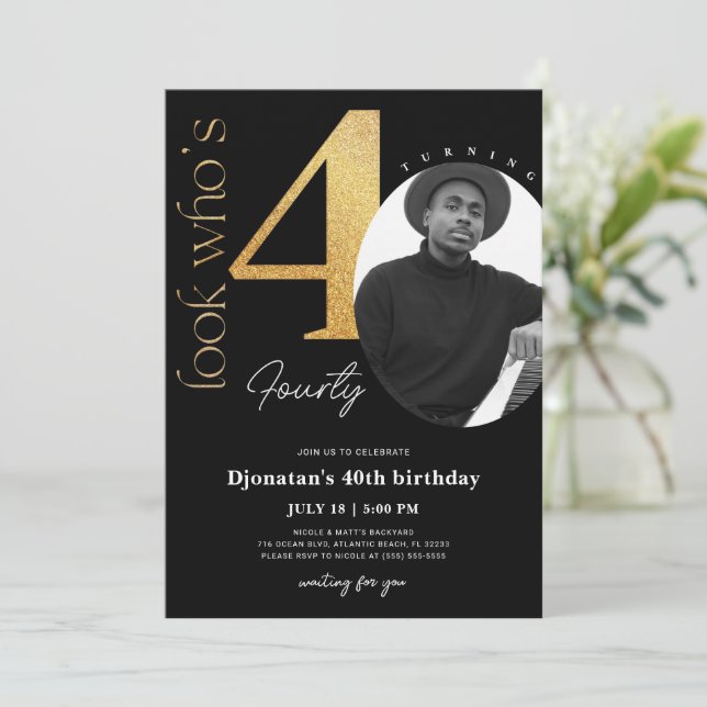 40th Black Gold Birthday Invitation with Photo (Standing Front)